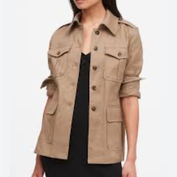 BANANA REPUBLIC Twill Utility Military Jacket Khaki Tan Womens Sz L NEW